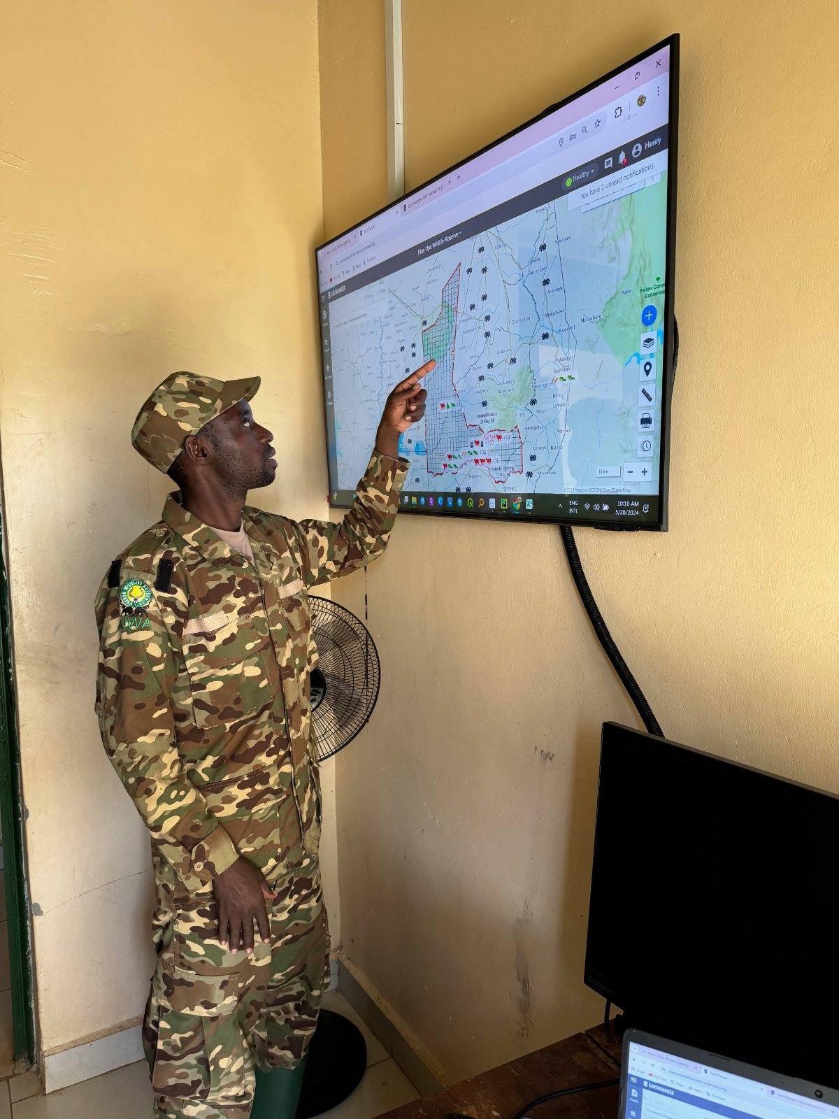 A ranger reviewing live EarthRanger monitoring of Pian Upe