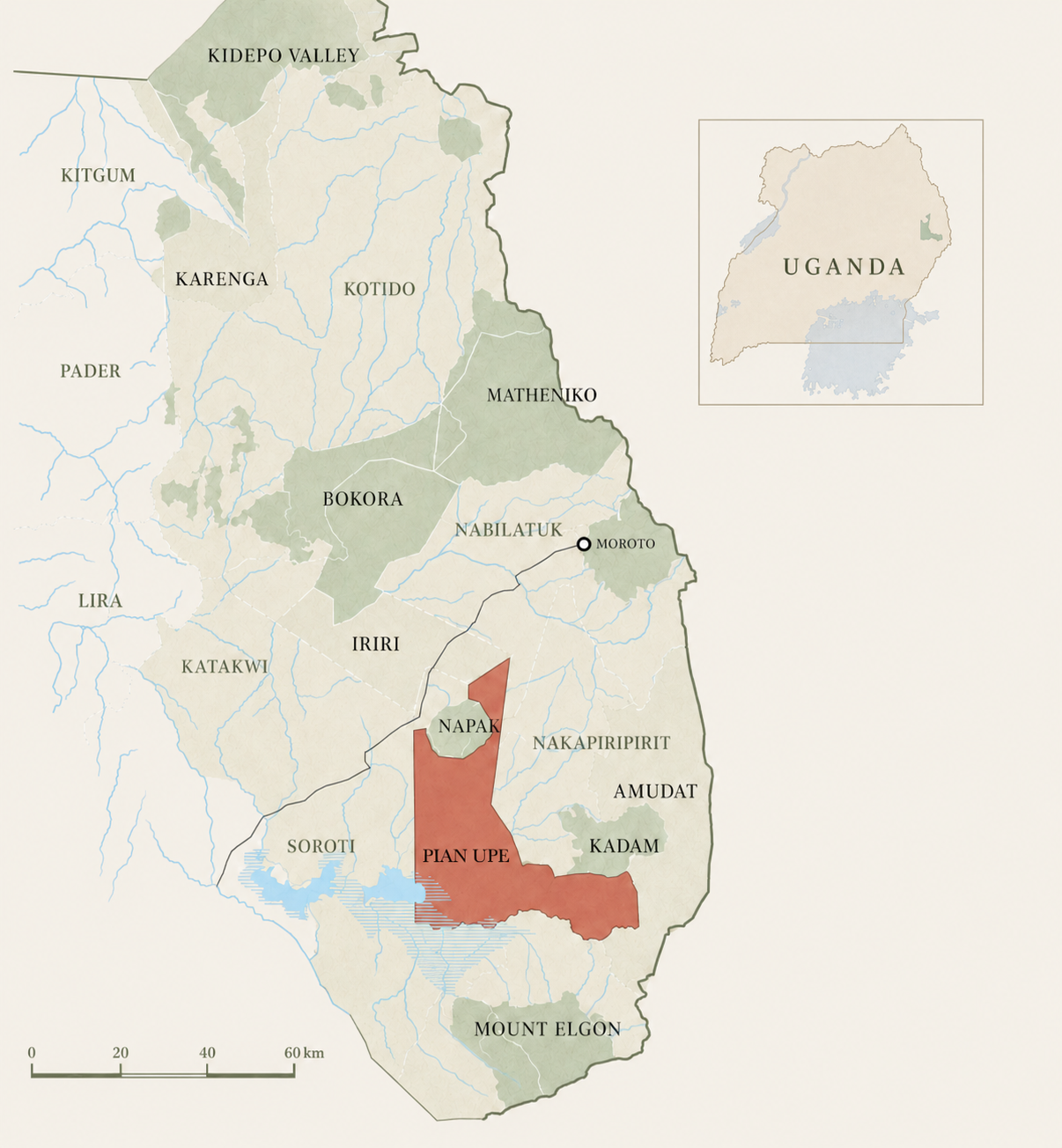 Regional map of Karamoja, north-eastern Uganda, with Pian Upe Wildlife Reserve highlighted in red between Mount Elgon and Kidepo Valley