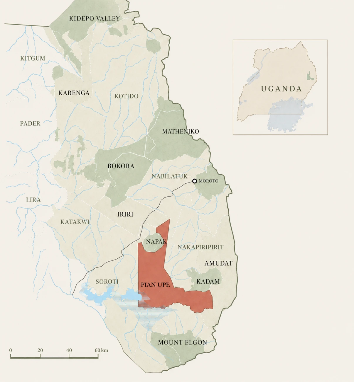 Regional map of Karamoja, north-eastern Uganda, with Pian Upe Wildlife Reserve highlighted in red between Mount Elgon and Kidepo Valley