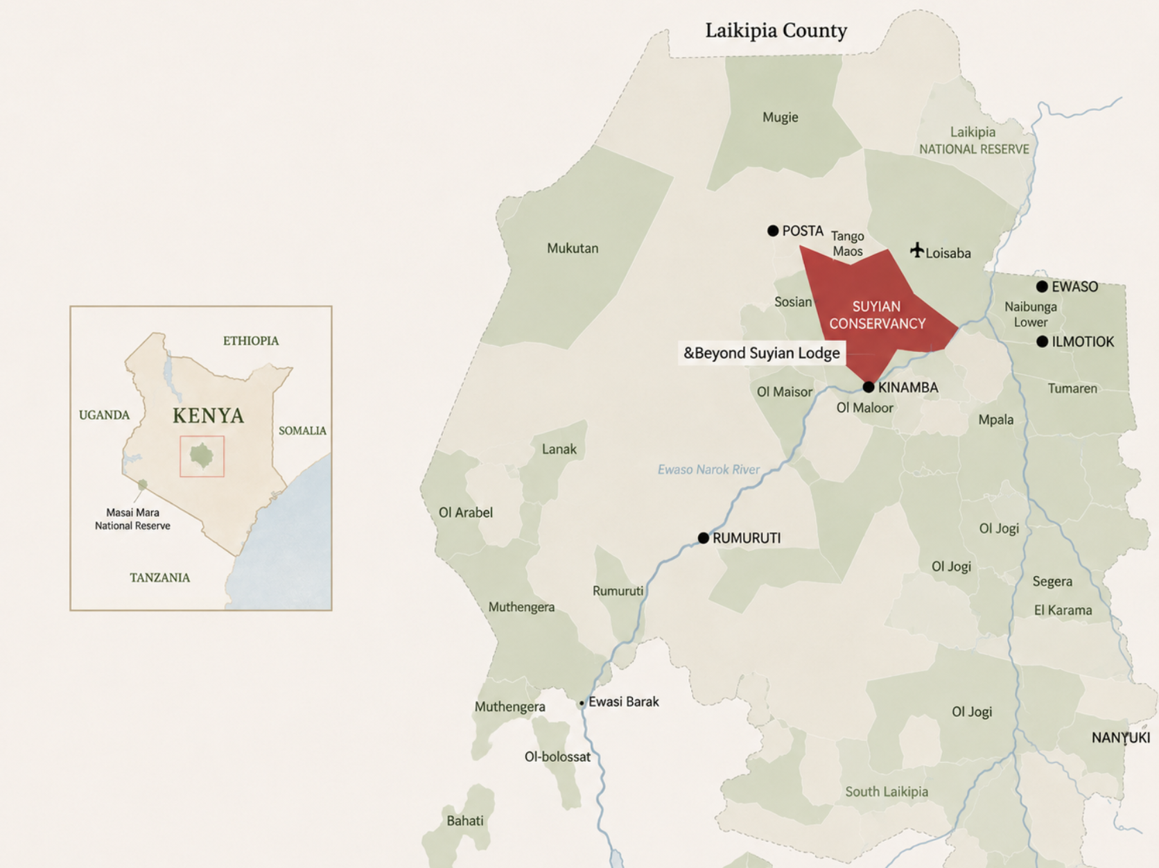 Map of Laikipia County, Kenya, with Suyian Conservancy highlighted in red, the andBeyond Suyian Lodge marked, the Ewaso Narok River, and an inset locator showing Laikipia within Kenya