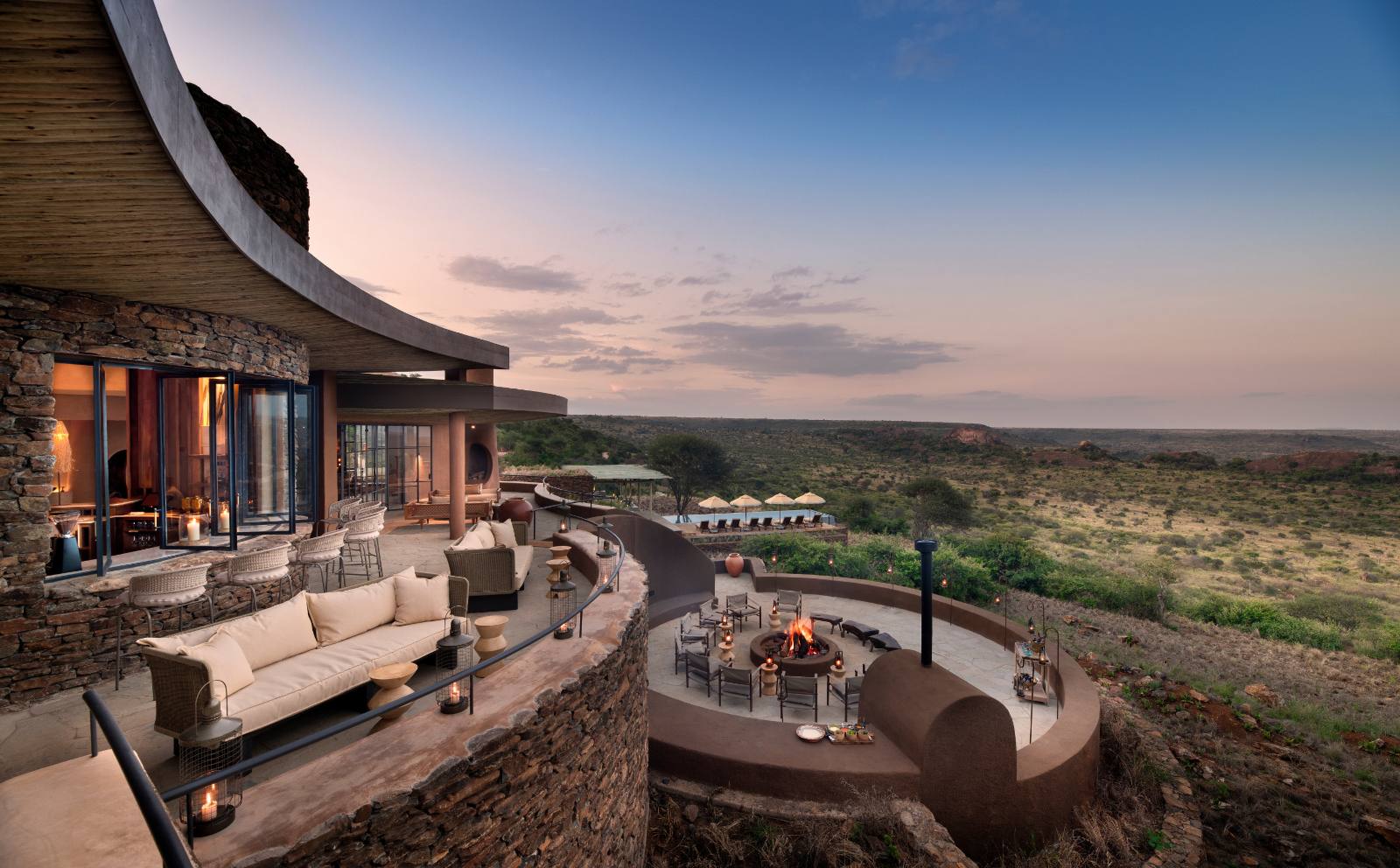 The lodge terrace and firepit overlooking the conservancy